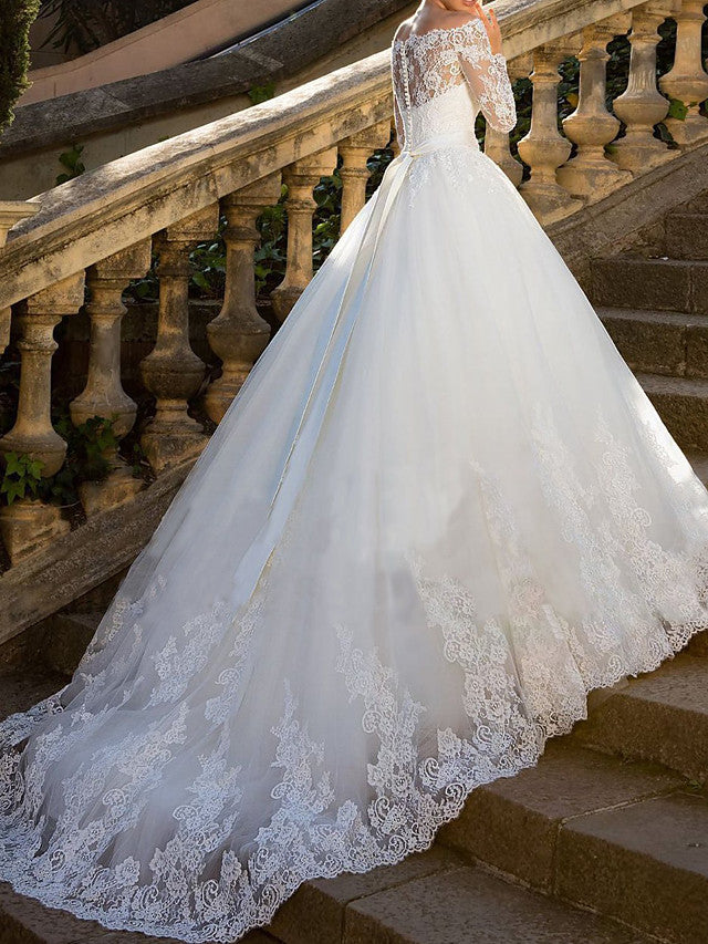 Long Ball Gown Off the Shoulder Lace Tulle Wedding Dresses with Sleeves-showprettydress