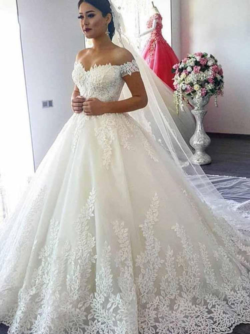 Romantic Ball Gown Off The Shoulder Tulle Lace Beaded Long Wedding Dresses main image 0