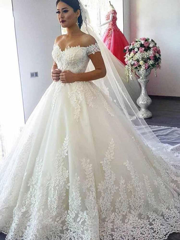 Long Ball Gown Off-the-Shoulder Tulle Lace Beads Wedding Dresses-showprettydress