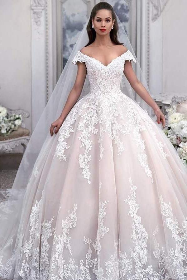 Long Ball Gown Off the Shoulder Tulle Wedding Dress with Appliques Lace-showprettydress