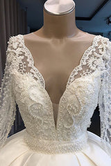 Long Ball Gown Satin V-neck Wedding Dress with Sleeves-showprettydress