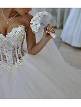 Long Ball Gown Strapless Lace Tulle Wedding Dresses-showprettydress