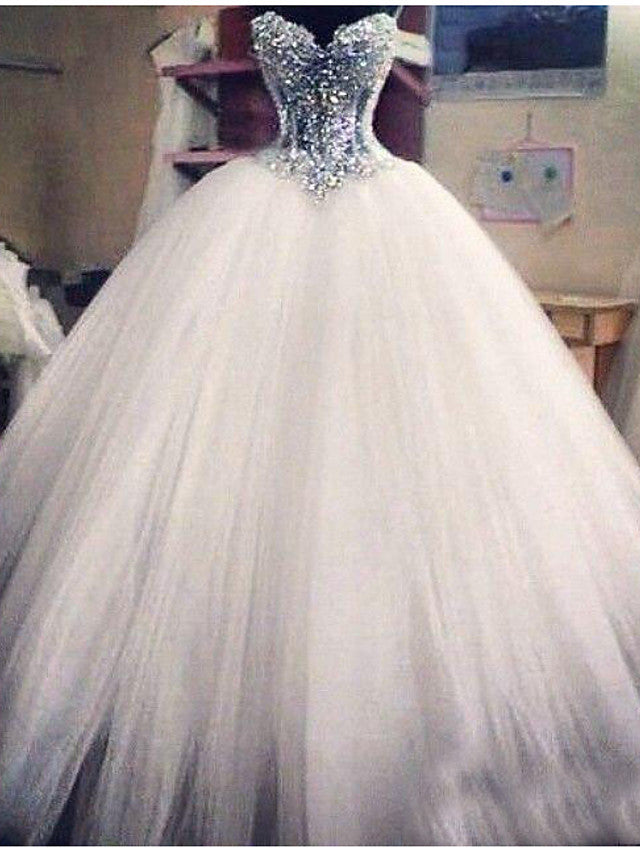 Long Ball Gown Strapless Lace Tulle Wedding Dresses-showprettydress
