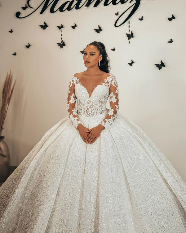 Long Ball Gown Sweetheart Appliques Lace Sequins Ruffles Wedding Dress with Sleeves-showprettydress