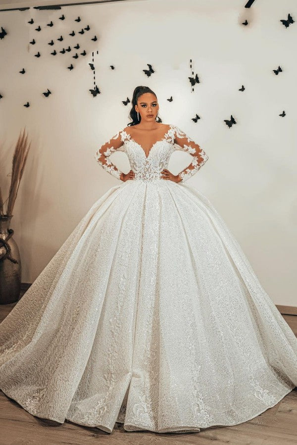 Long Ball Gown Sweetheart Appliques Lace Sequins Ruffles Wedding Dress with Sleeves-showprettydress