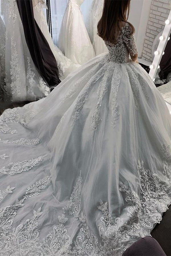 Long Ball Gown Sweetheart Appliques Lace Tulle Wedding Dress with Sleeves-showprettydress