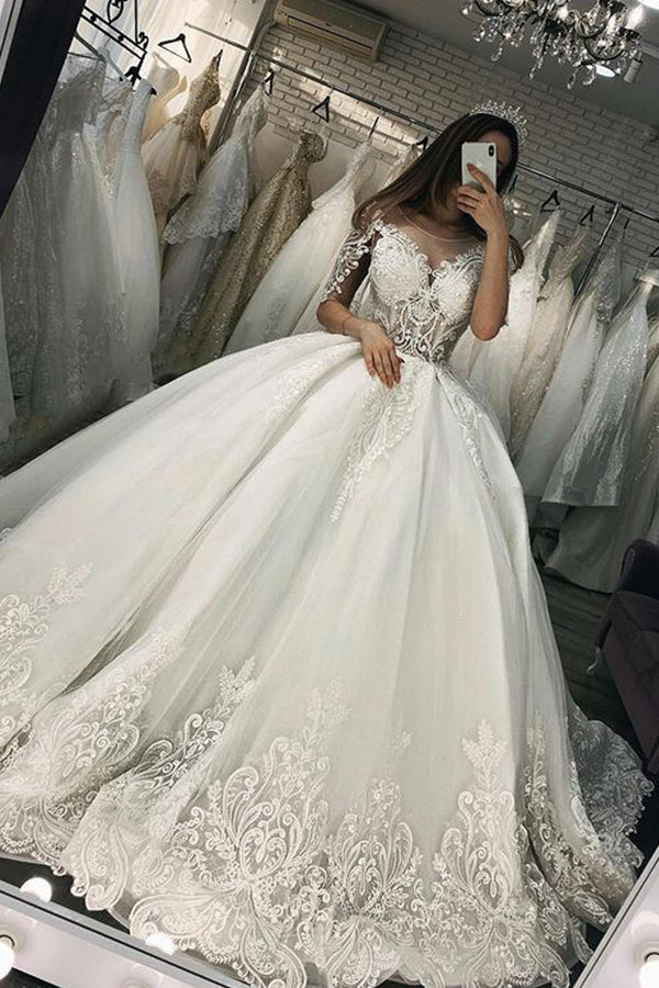 Long Ball Gown Sweetheart Appliques Lace Tulle Wedding Dress with Sleeves-showprettydress