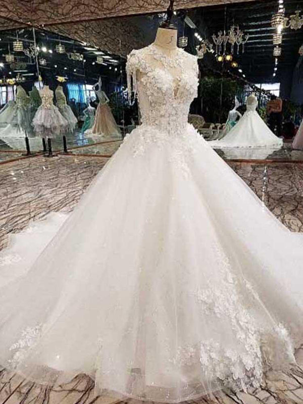 Long Ball Gown Sweetheart Appliques Tulle Wedding Dresses-showprettydress