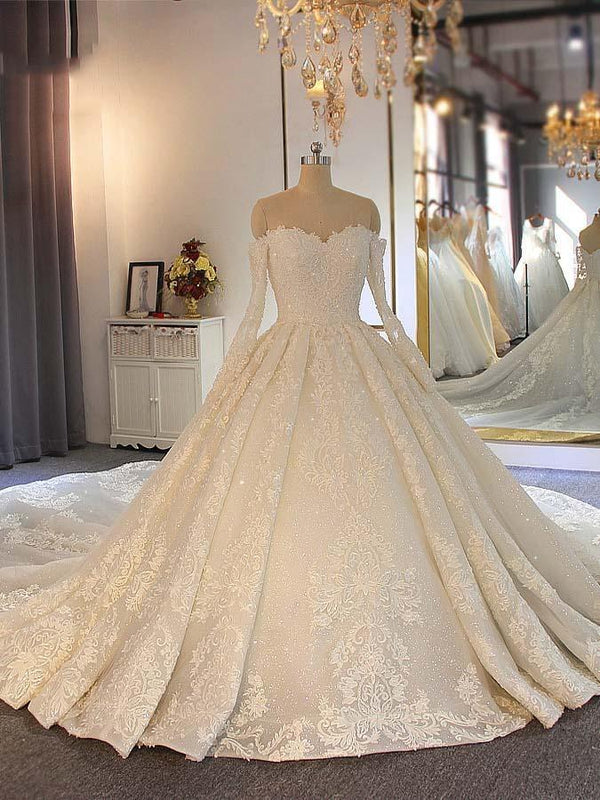 Long Ball Gown Sweetheart Lace Beading Wedding Dresses with Sleeves-showprettydress