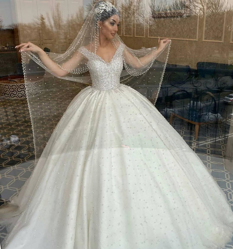 Long Ball Gown Sweetheart Off-the-Shoulder Backless Pearl Beading Ruffles Tulle Wedding Dress-showprettydress