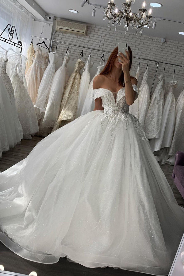 Long Ball Gown Sweetheart Off The Shoulder Satin Wedding Dress-showprettydress