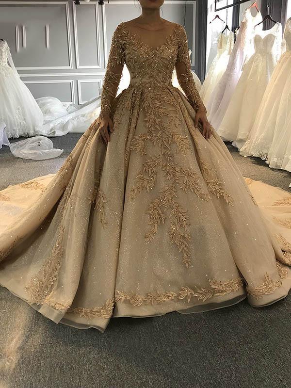 Long Ball Gown Sweetheart Satin Lace Wedding Dresses with Sleeves-showprettydress