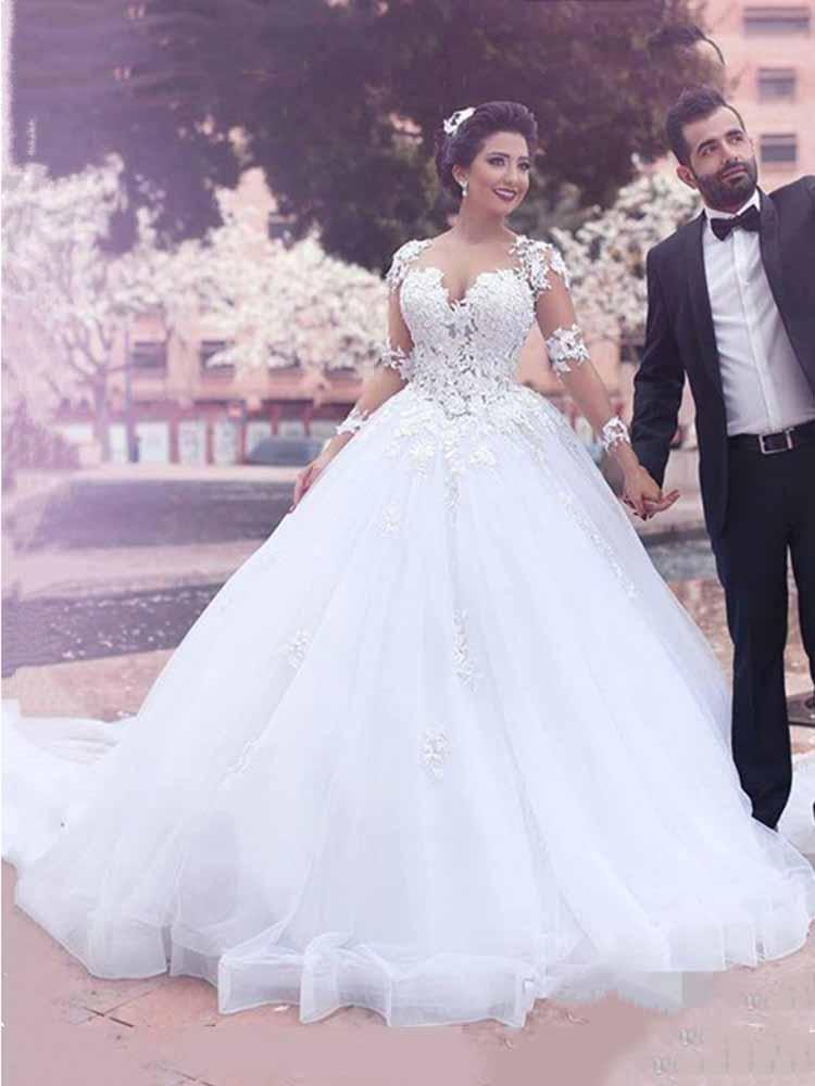 Long Ball Gown Sweetheart Tulle Lace Wedding Dresses with Sleeves-showprettydress