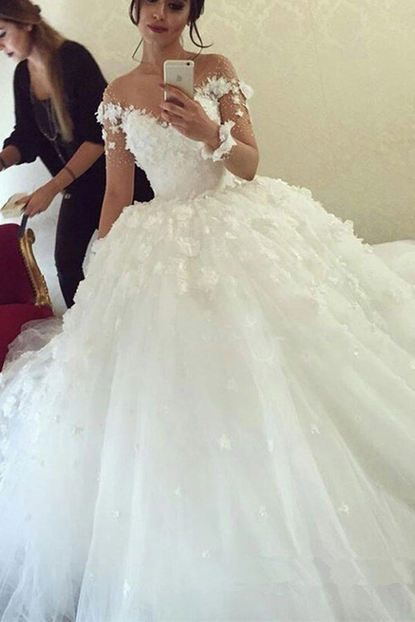 Long Ball Gown Sweetheart Tulle Wedding Dress with Sleeves-showprettydress