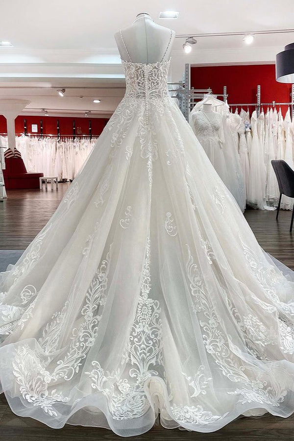 Long Ball Gown V-neck Spaghetti Straps Tulle Lace Wedding Dress-showprettydress