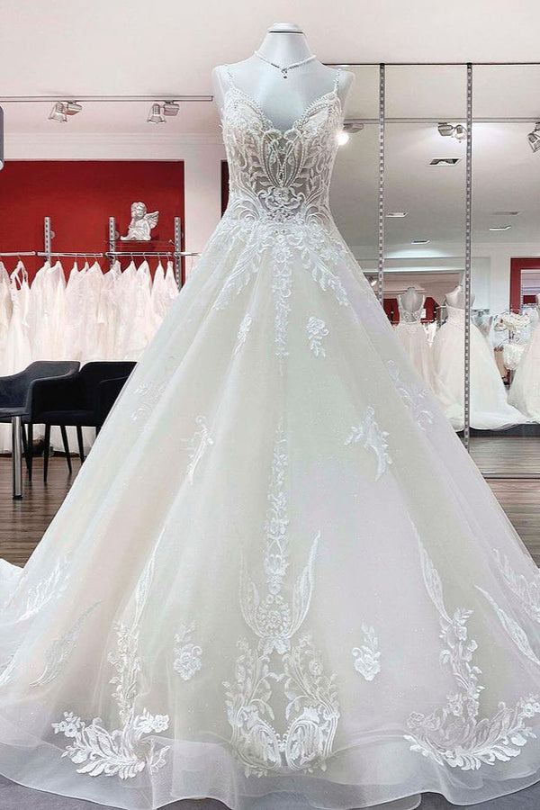 Long Ball Gown V-neck Spaghetti Straps Tulle Lace Wedding Dress-showprettydress