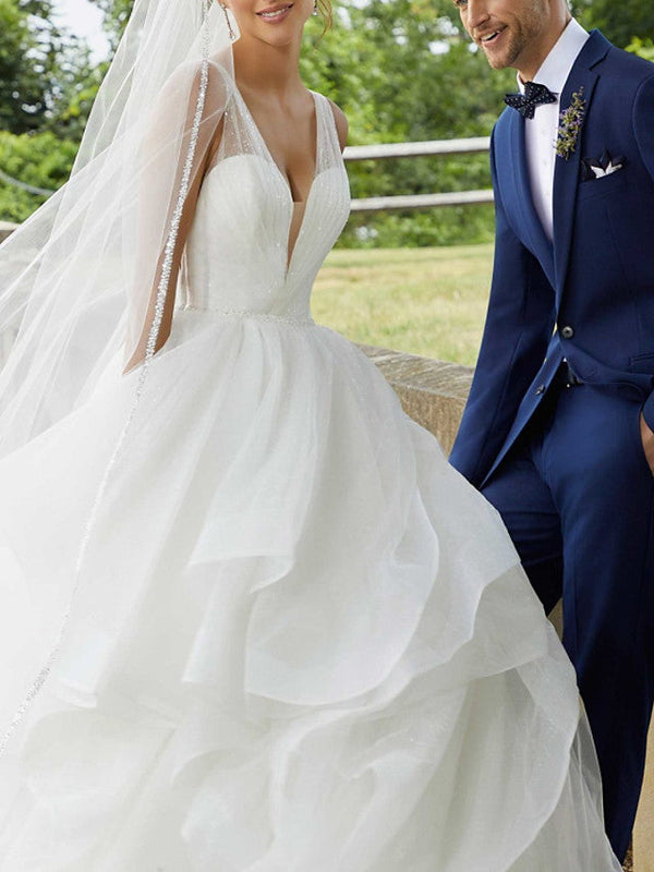 Long Ball Gown V Neck Sweep Brush Train Organza Backless Wedding Dresses-showprettydress