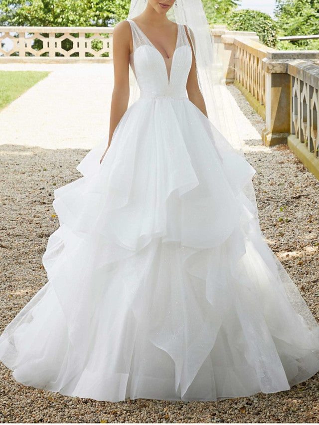 Long Ball Gown V Neck Sweep Brush Train Organza Backless Wedding Dresses-showprettydress
