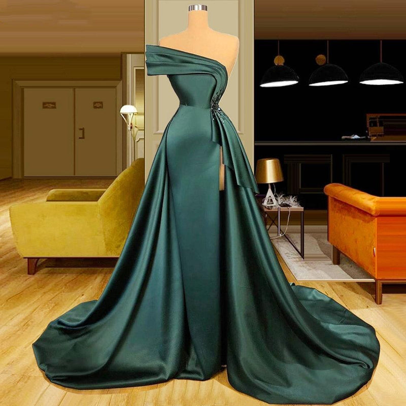 Long Dark Green Satin Prom Dresses Elegant Split Evening Gowns-showprettydress