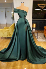 Long Dark Green Satin Prom Dresses Elegant Split Evening Gowns-showprettydress