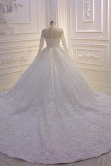Long High neck Appliques Lace Ball Gown Wedding Dress with Sleeves-showprettydress