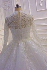 Long High neck Appliques Lace Ball Gown Wedding Dress with Sleeves-showprettydress