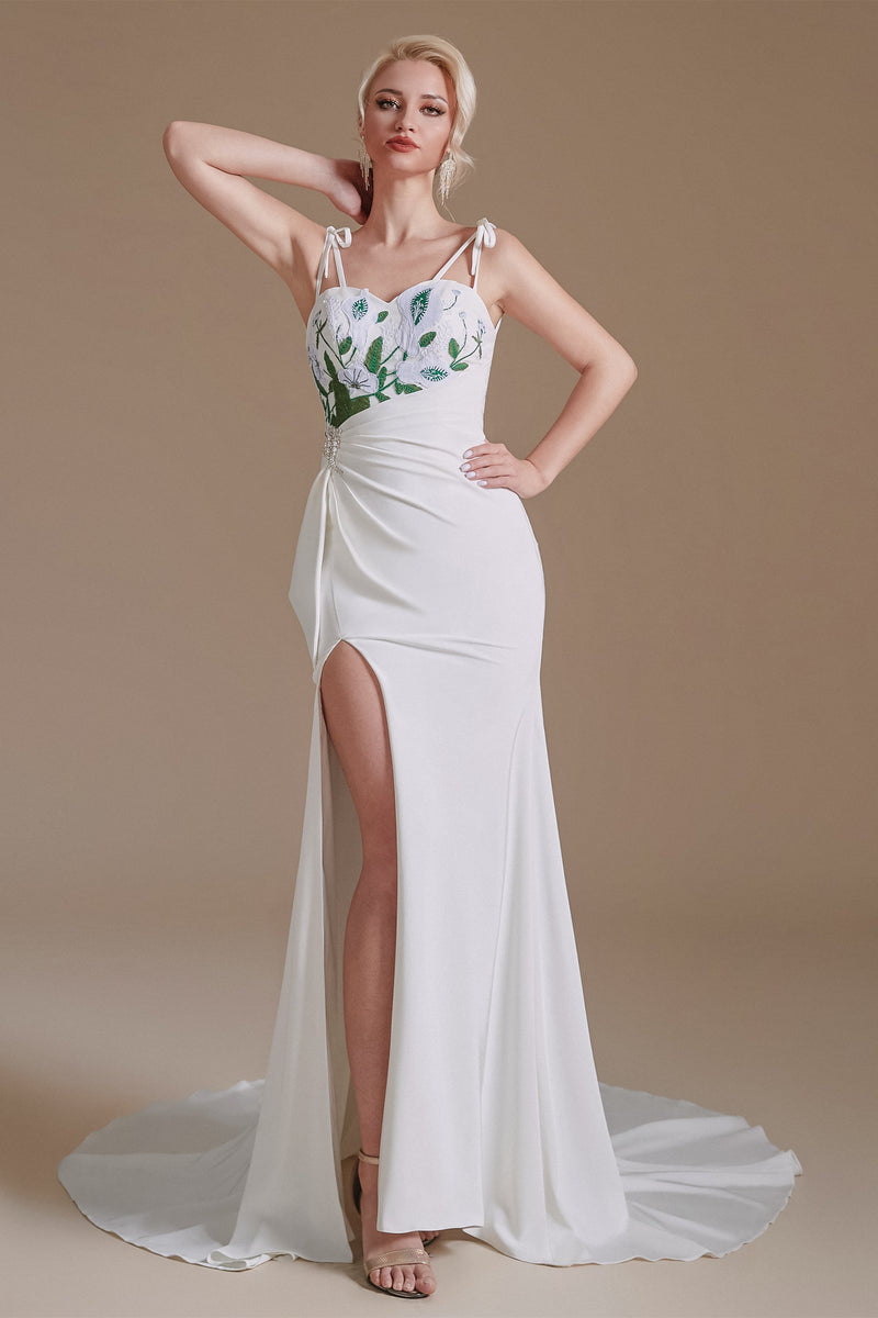 Long High Split Spaghetti strap Court Wedding Dress-showprettydress