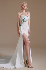 Long High Split Spaghetti strap Court Wedding Dress-showprettydress