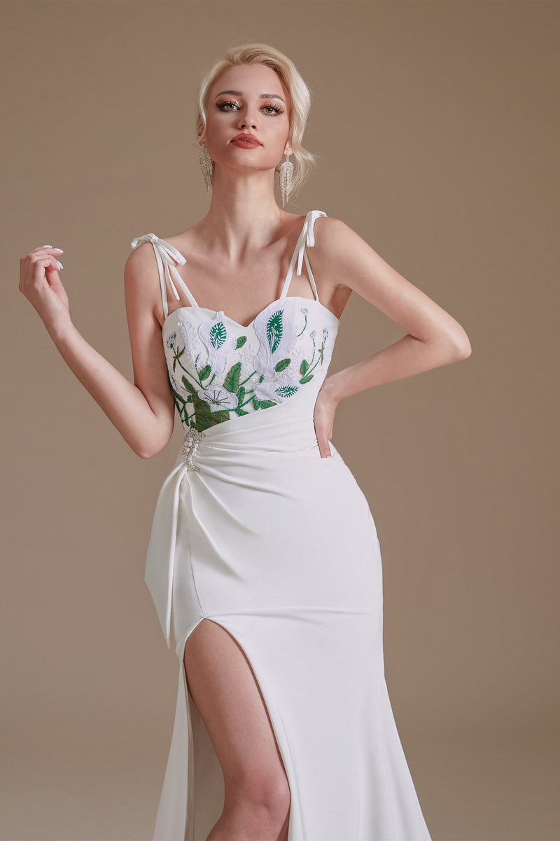 Long High Split Spaghetti strap Court Wedding Dress-showprettydress