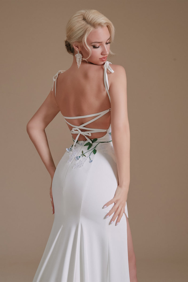 Long High Split Spaghetti strap Court Wedding Dress-showprettydress