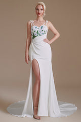 Long High Split Spaghetti strap Court Wedding Dress-showprettydress