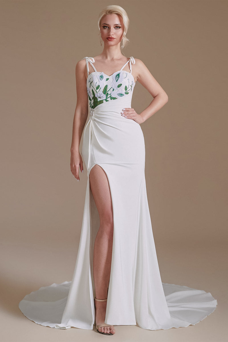 Long High Split Spaghetti strap Court Wedding Dress-showprettydress