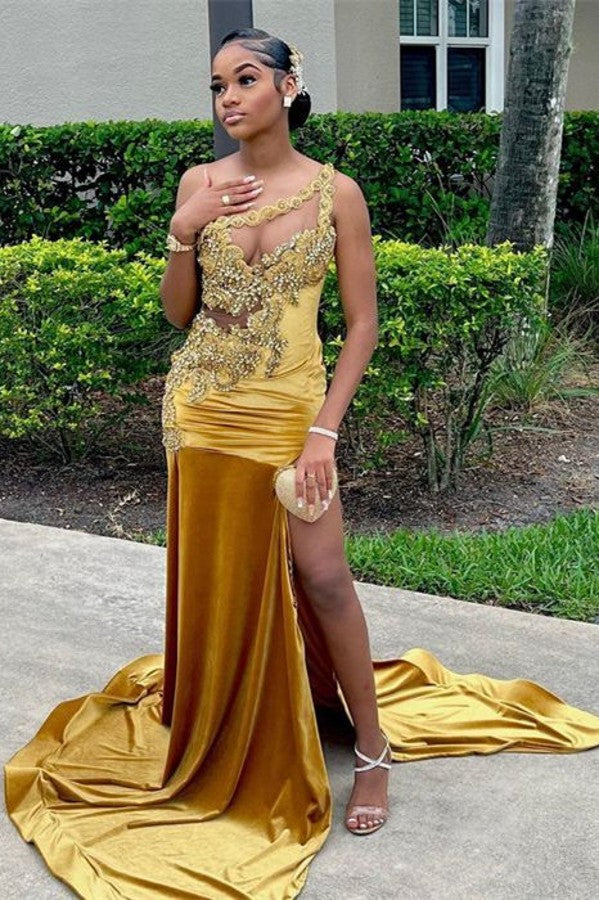 Long Mermaid Asymmetrical Beaded Lace Sequined Applique Prom Dress with Slit-showprettydress