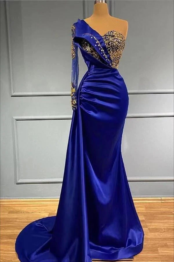 Long Mermaid Asymmetrical Sequined Appliques Lace With Side Train Prom Dress-showprettydress