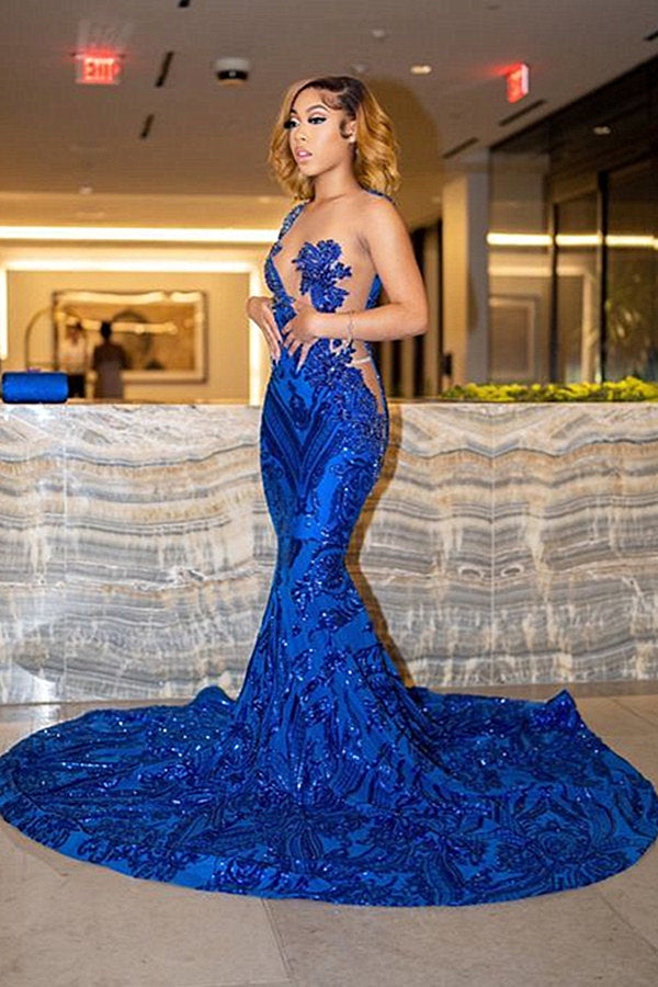 Long Mermaid Asymmetrical Sleeveless Appliques Lace Prom Dress-showprettydress