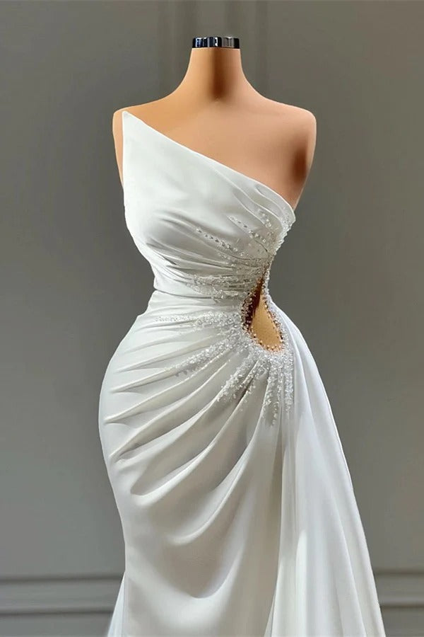 Long Mermaid Asymmetrical Strapless Sleeveless Appliques Prom Dress With Side Train-showprettydress
