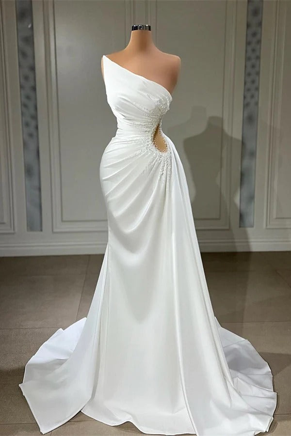 Long Mermaid Asymmetrical Strapless Sleeveless Appliques Prom Dress With Side Train-showprettydress