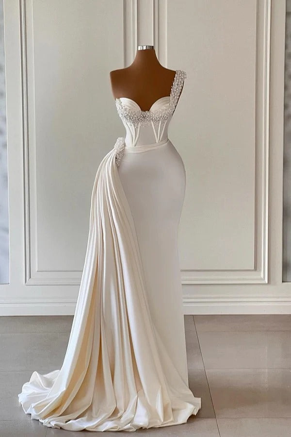 Long Mermaid Asymmetrical Sweetheart Beaded Sleeveless Prom Dress With Side Train-showprettydress