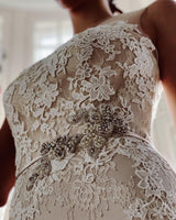 Long Mermaid Bateau Appliques Lace Wedding Dress With Pearl Sash-showprettydress