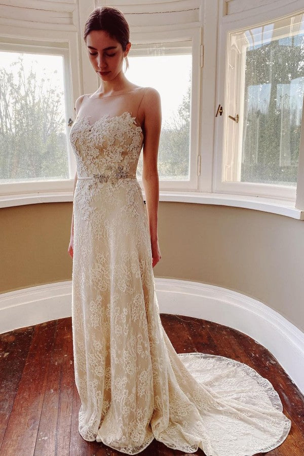 Long Mermaid Bateau Appliques Lace Wedding Dress With Pearl Sash-showprettydress