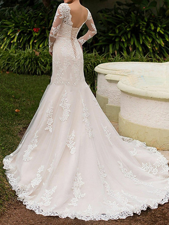 Long Mermaid Bateau Neck Sweep Brush Train Lace Wedding Dresses with Sleeves-showprettydress