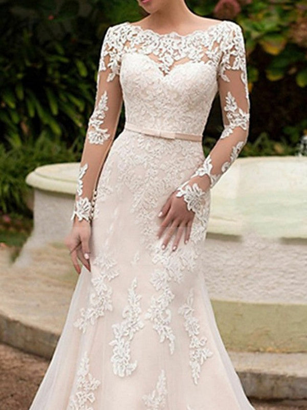 Long Mermaid Bateau Neck Sweep Brush Train Lace Wedding Dresses with Sleeves-showprettydress