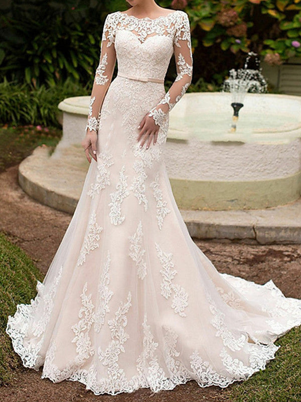 Long Mermaid Bateau Neck Sweep Brush Train Lace Wedding Dresses with Sleeves-showprettydress