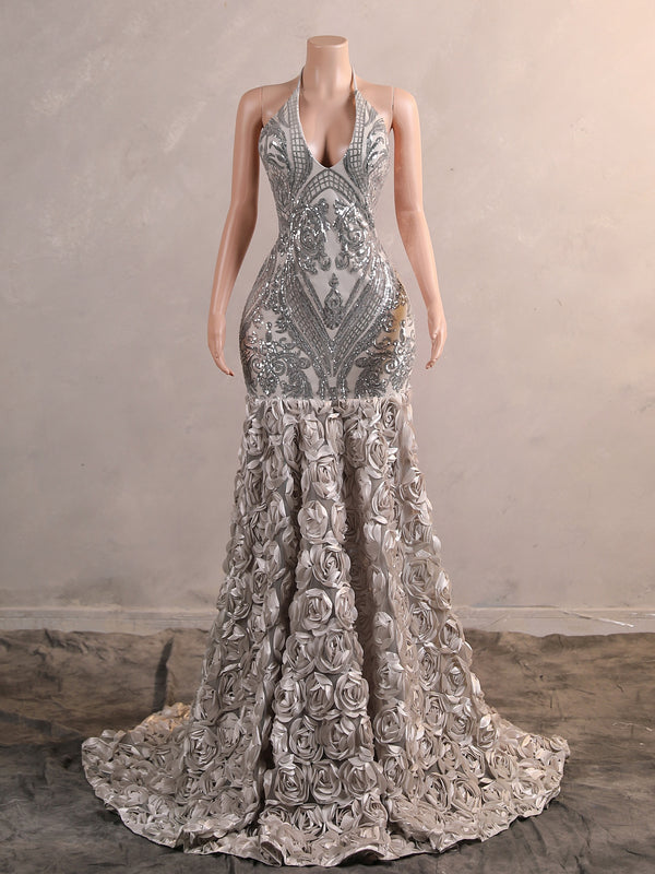 Long Mermaid Halter Flower Open Back Formal Prom Dresses-showprettydress