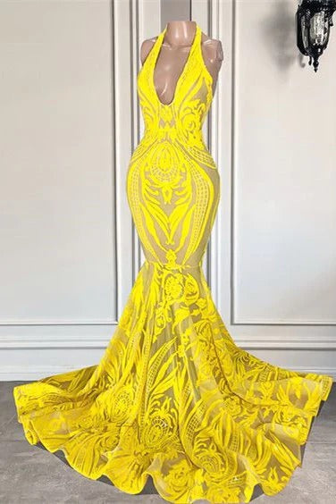 Long Mermaid Halter Sleeveless Open Back Appliques Lace Prom Dress-showprettydress