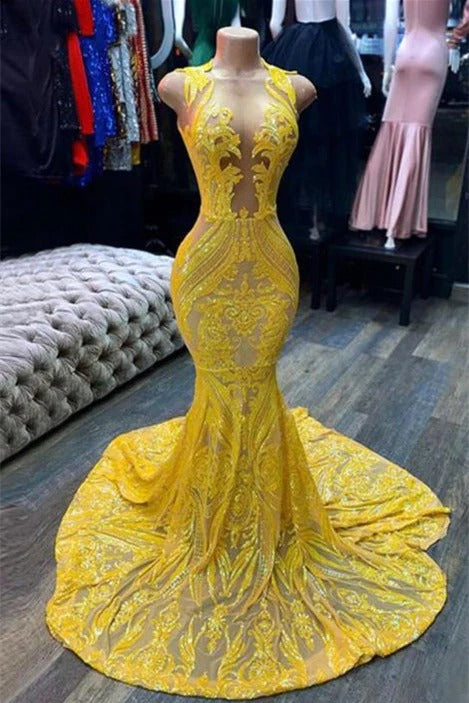 Long Mermaid Halter Sleeveless Open Back Sequined Appliques Lace Prom Dress-showprettydress