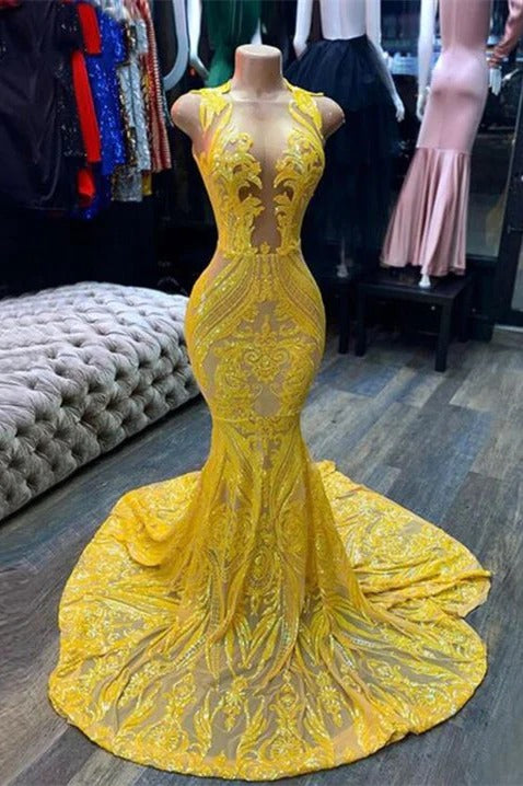 Long Mermaid Halter Sleeveless Open Back Sequined Appliques Lace Prom Dress-showprettydress