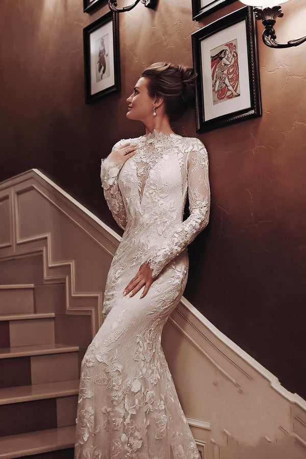 Long Mermaid High Neck Appliques Lace Backless Wedding Dress with Sleeves-showprettydress