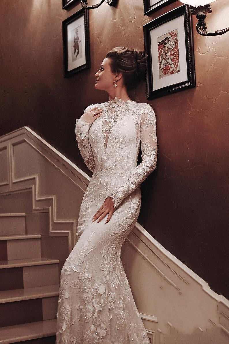 Long Mermaid High Neck Appliques Lace Backless Wedding Dress with Sleeves-showprettydress