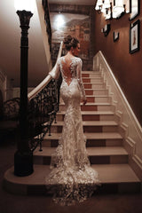 Long Mermaid High Neck Appliques Lace Backless Wedding Dress with Sleeves-showprettydress